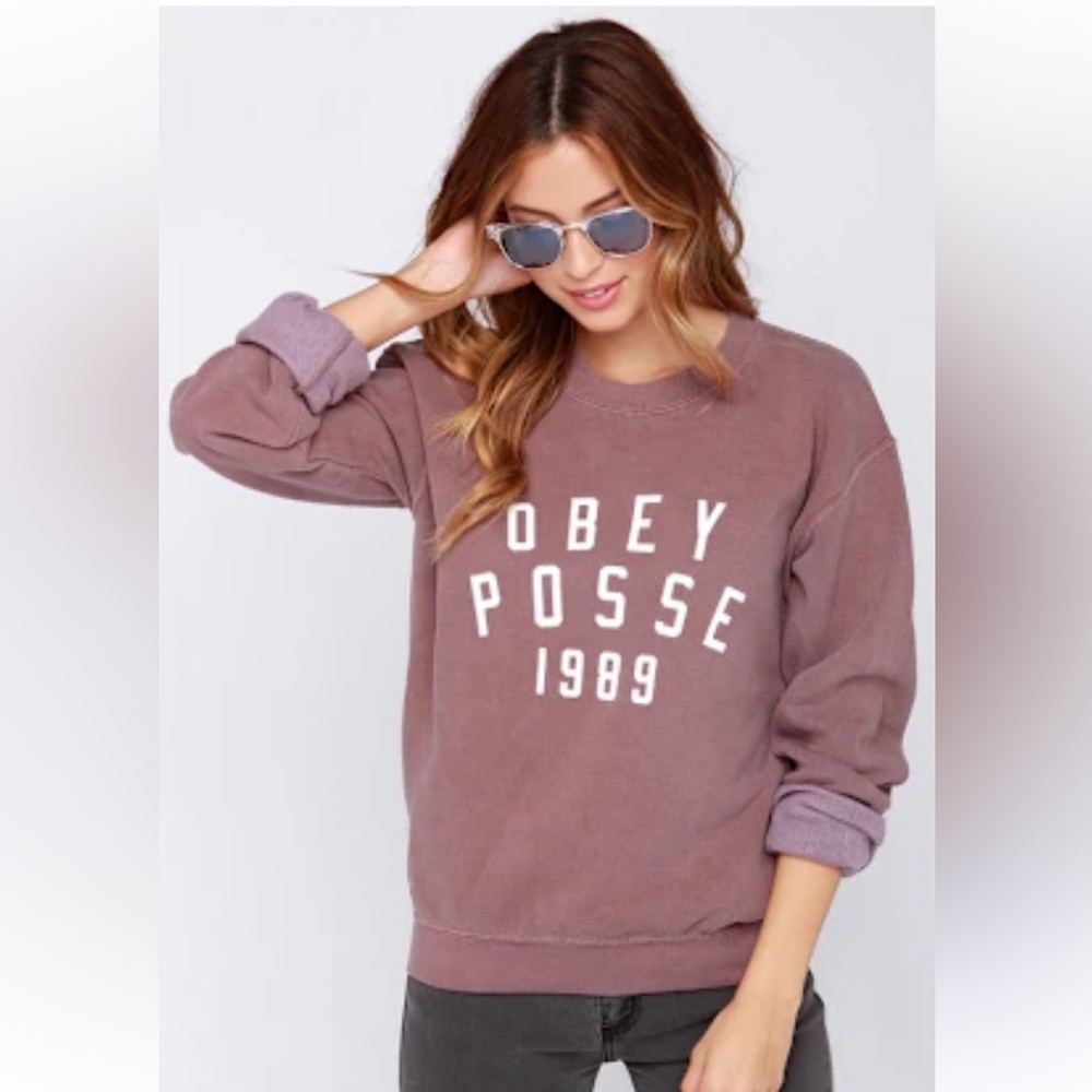 Obey Women's Small Phys Ed Washed Burgundy Crewneck Sweatshirt Obey Posse 1989
